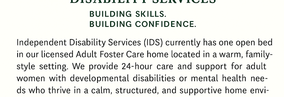 Independent Disability Services-1 Bed Available- Family style AFC Home for Adult Females (Little Falls)